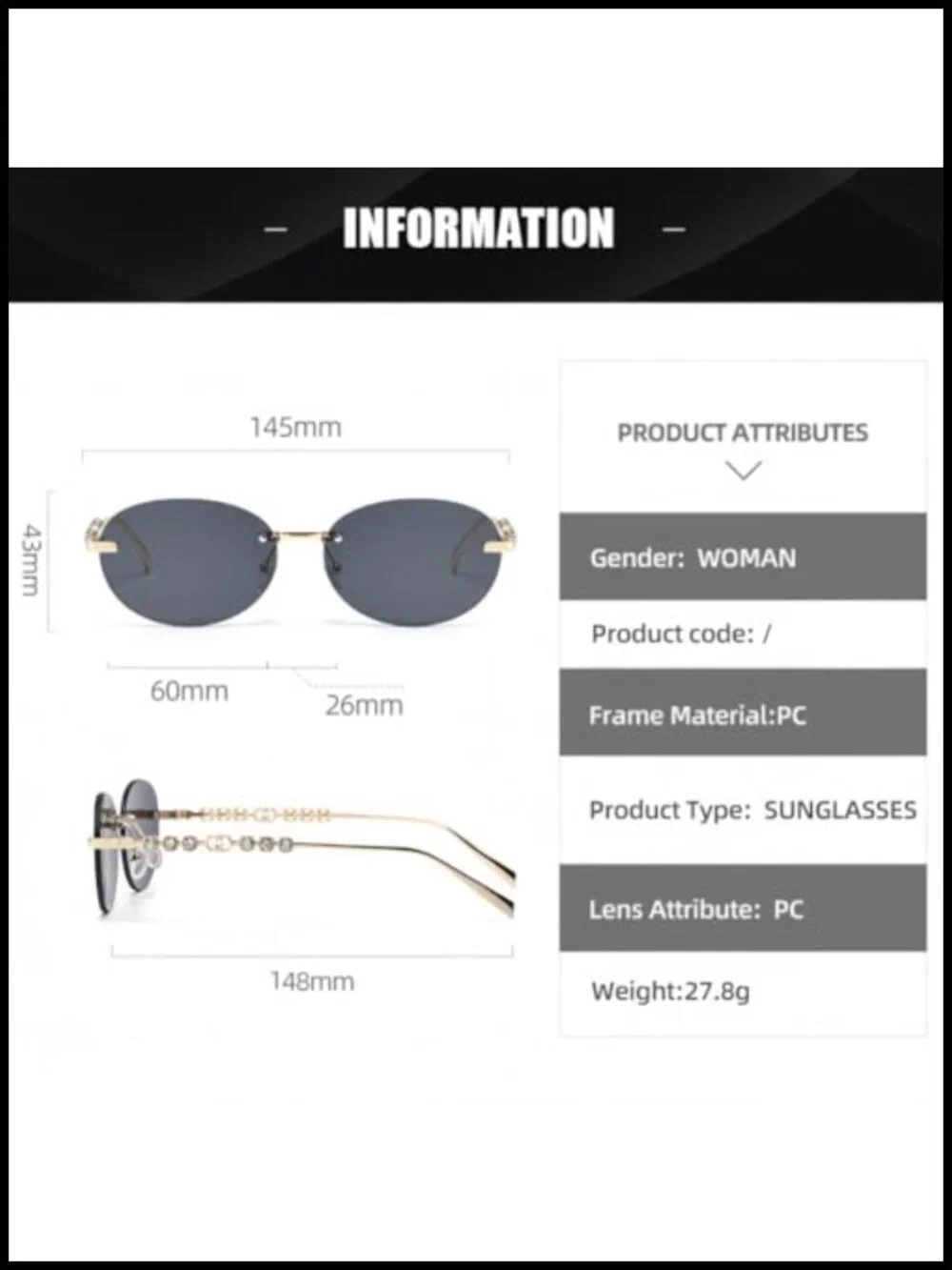 Rimless Rhinestone Sunglasses Metal Frame UV400 Protection Lightweight Non Slip